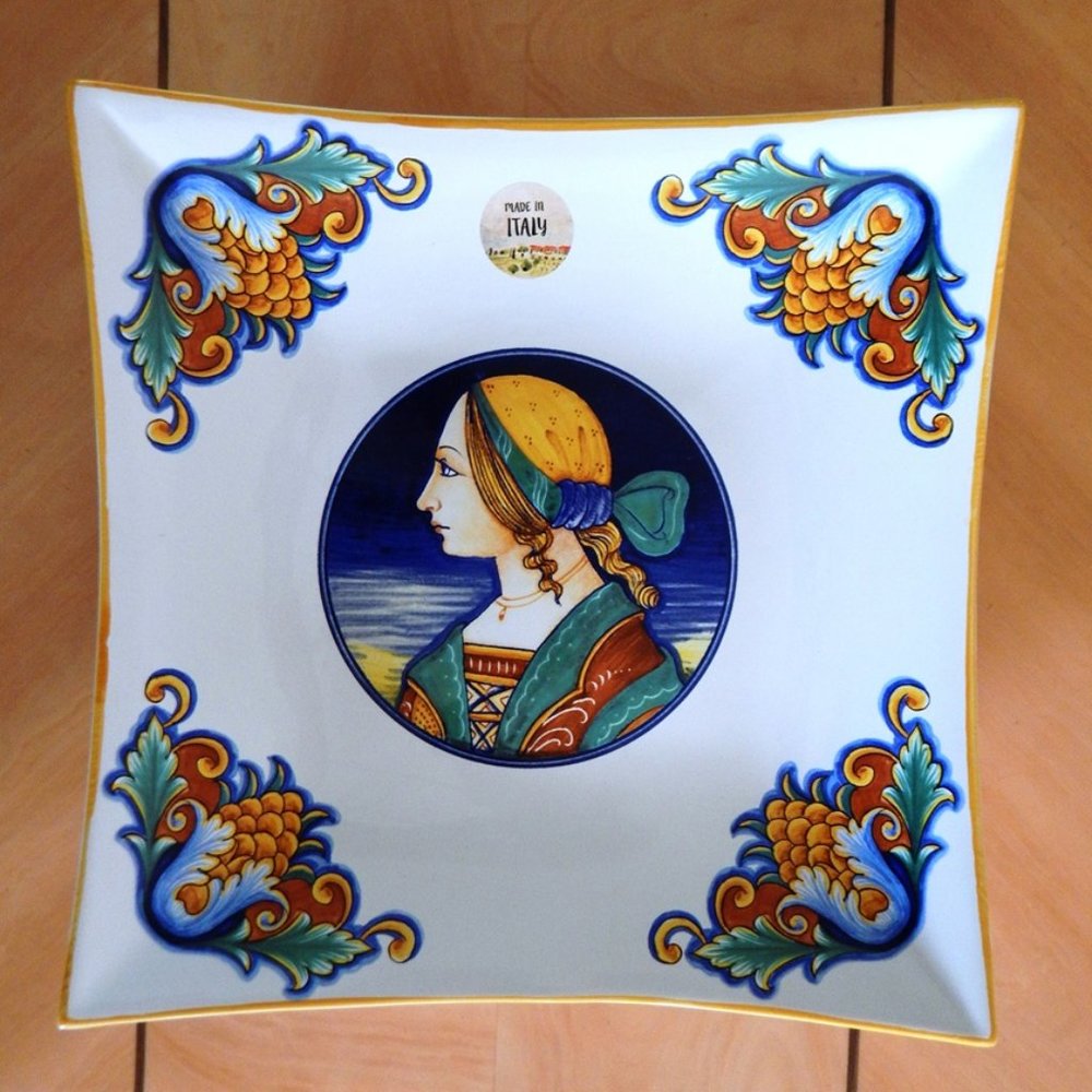 New Nova Deruta Italy Women Portrait Pottery Majolica Large Square Plate 14”